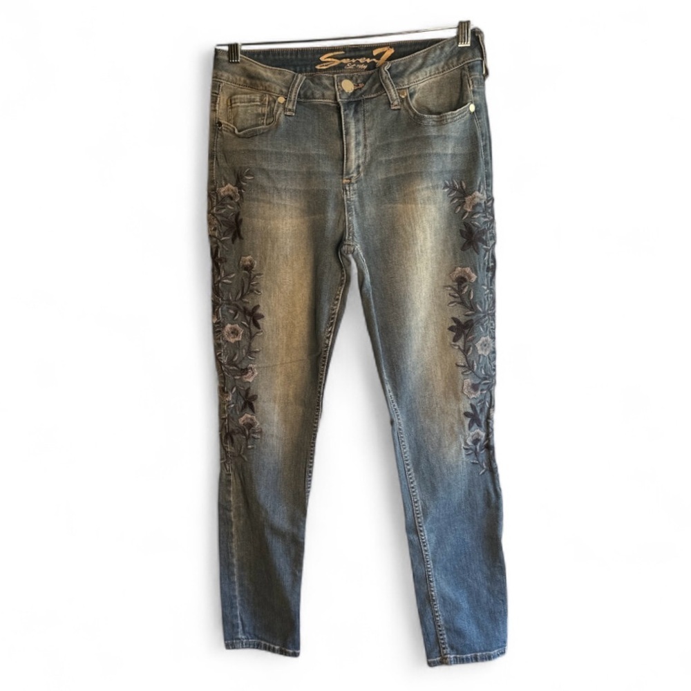Seven7 Blue Floral Embroidered Skinny Jeans